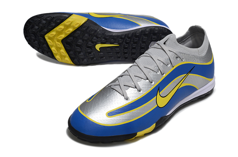 Chuteira Society Nike Air Zoom Mercurial Vapor 16 Elite R9 TF - Cinza, Azul e Amarela